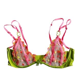 For Love And Lemons Green Pink Tossed Hearts Embroidery Bra Size Large